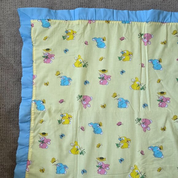 Vintage Cannon Mills Baby Blanket Yellow Bunnies Satin Trim Pastel  37" x 45" - Picture 5 of 10